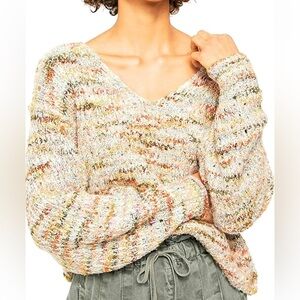 Free People Highland Cable Knit Oversized V-Neck Sweater